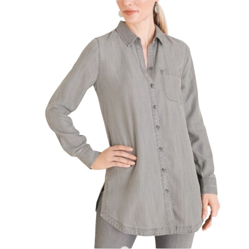 Chico’s gray long length button up chambray shirt size xlarge